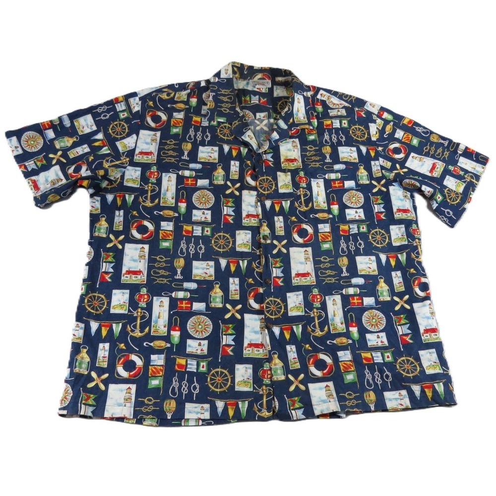 Pacific Legend Hawaiian Shirt Men 3XL Blue Nautical Lighthouse Cotton Camp Aloha